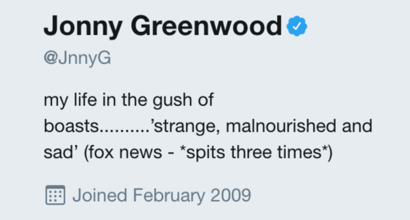 screen shot 2017 10 18 at 10 07 50 pm Jonny Greenwood adds Fox News Radiohead takedown to his Twitter bio