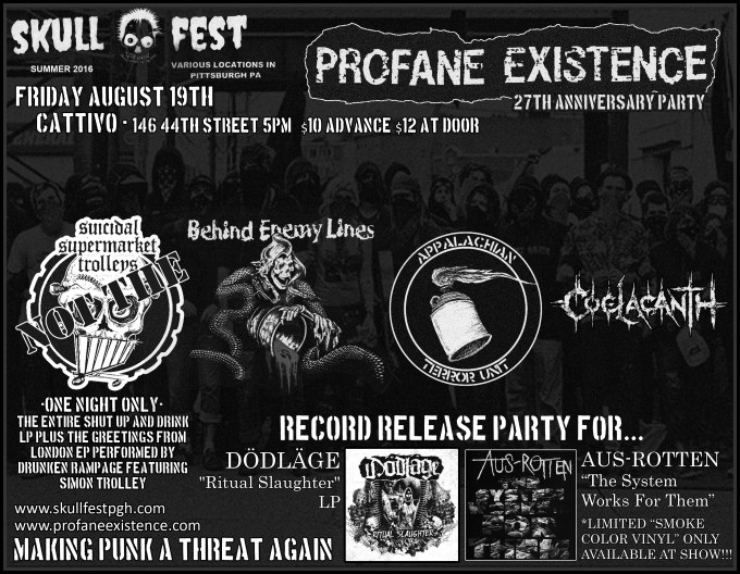 Flyer for PROFANE EXISTENCE 27th year anniversary party at SKULLFEST 8! 